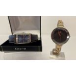 2 ladies wristwatches. A boxed watch by Accurist with square silver tone case and leather strap.