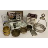 A box of assorted vintage breweriana items.