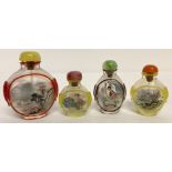 4 Oriental interior painted glass snuff bottles with exterior colour overlay detail.
