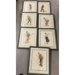 A collection of 7 framed and glazed prints of golfers through the ages with TR 1700 gallery stamp.