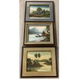 3 framed Oriental textural oil paintings, signed Varoon, with fabric covered mounts.