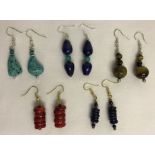 5 pairs of beaded natural stone, drop earrings to include coral, lapis and turquoise.