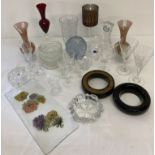 A mixed box of vintage and modern clear and coloured glassware.