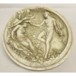 A reproduction round white plaster wall hanging plaque depicting Oberon and Titania marked E W Wyon.