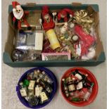 A box of Christmas decorations and Christmas related items.