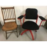 A vintage wooden folding chair with cut out detail to seat together with a vintage metal and fabric