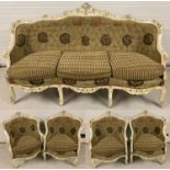 A vintage 5 piece sofa set with painted wooden frames and brown velvet upholstery.