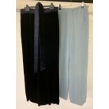 A pair of midnight blue velvet and satin palazzo trousers with matching tie belt by Jaeger size 12.