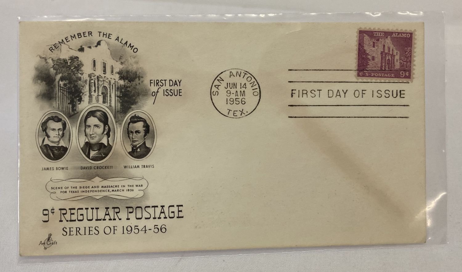 An American 1956 "Remember The Alamo" first day cover from the 1954-56 9c regular postage series.