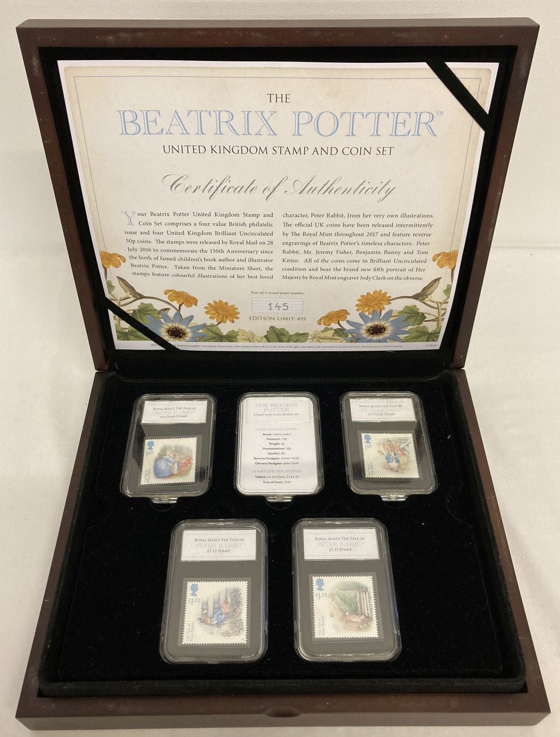 A Limited Edition Beatrix Potter stamp and coin wooden presentation box, limited to 495 pieces.