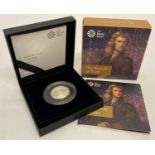A boxed Ltd Edition Royal Mint 2017 Sir Isaac Newton; The Pursuit of Truth, silver proof 50p coin.