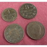 2 late 19th century Portuguese XX Reis coins together with 2 Guernsey Doubles.