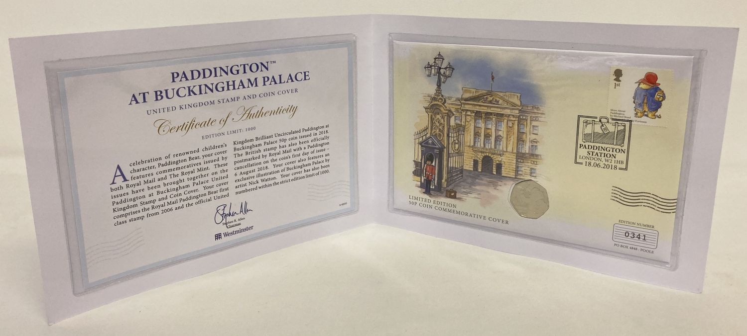 A Westminster Collection Limited Edition 2018 Paddington at Buckingham Palace stamp and coin cover.