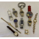 A tub of assorted men's and ladies wrist watches in varying styles and conditions.