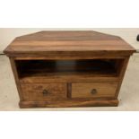 A dark Indian rubberwood corner TV/media unit with shelf and 3 drawers.