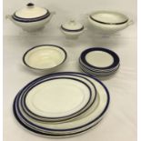 A collection of blue and white ceramic dinnerware.