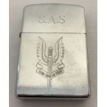 A modern windproof lighter with engraved S.A.S. "Who Dares Wins" logo.