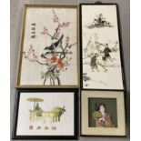 A collection of Oriental pictures and wall hangings, to include embroidered silk panels.