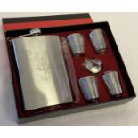 A new and boxed hip flask and shot cups set with S.A.S engraved insignia detail.