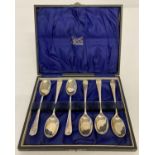 A cased set of 6 antique silver rat tail teaspoons, hallmarked Sheffield, 1919.