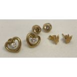 3 pairs of stud style 9ct gold earrings.