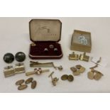 A collection of vintage tie pins, cuff links and shirt studs. To include rolled gold.