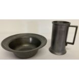 2 items of Danish pewter; a small tankard together with a wide rimmed bowl.