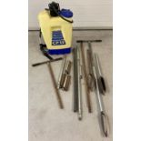 An 8 piece ground hole boring kit together with a Cooper Pegler CP15 backpack sprayer without lance.