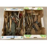 2 boxes of vintage hand tools, to include spanners, hammers, carpenters vice and mole grips.
