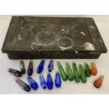 A vintage pine tool box containing a quantity of assorted coloured glass faceted scent bottles.