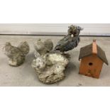 3 small concrete garden ornaments together with a wooden bird house box and a metal owl.