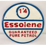 A circular shaped, painted aluminium Essolene petrol wall hanging plaque.