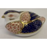 A Crown Derby Imari colourway quail paperweight, complete with gold stopper.