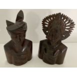2 oriental carved hardwood figures, male and female in traditional dress.