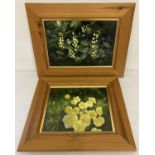 2 pine framed oil on canvas paintings of yellow wildflowers, by Stanley Woolson.