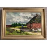 A gilt framed oil on canvas of a rural cottage scene by Danish artist Borge Olaf Hansen.