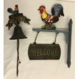 2 wall hanging, painted cast metal, garden ornaments with cockerel detail.
