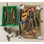 2 boxes of vintage hand tools to include wood working plane, saws, bag hook and pick head.