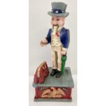 A painted cast iron mechanical "Uncle Sam" money box, with push button action.