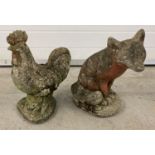 2 concrete garden ornaments, a cockerel and a fox.