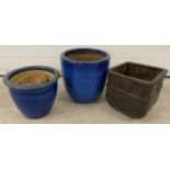 2 blue glazed garden pots together with a square matt black glaze garden pot.