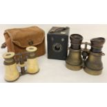 2 pairs of antique binoculars together with a Kodak Box Brownie camera in original canvas case.