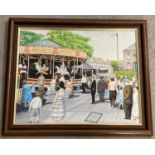 A framed oil on board of a street fair. Initials to bottom left 'HM'.