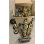A box of mixed metalware, to include horse brasses, letter box and door handles.