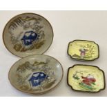 2 small shaped oriental enamel pin dishes with figure and floral decoration to each.