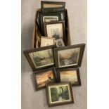 A box of assorted vintage framed and glazed pictures and photographs.