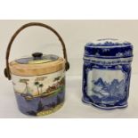 2 Oriental ceramic items. A mid century Japanese lustre biscuit barrel with wicker handle.