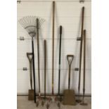 A collection of vintage and modern garden tools to include hoe's, rake's, cultivator's and spade.