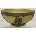 A Chinese green crackle bowl, possibly jade, with metal overlay featuring a dragon & a phoenix.