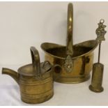 3 vintage brass items, a coal bucket with swing handle, small watering can & a companion set brush.